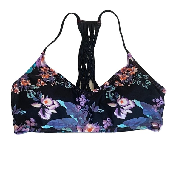 Seeded & Sewn Black Floral T-Back Bikini Swim Top Size Large - Picture 1 of 7